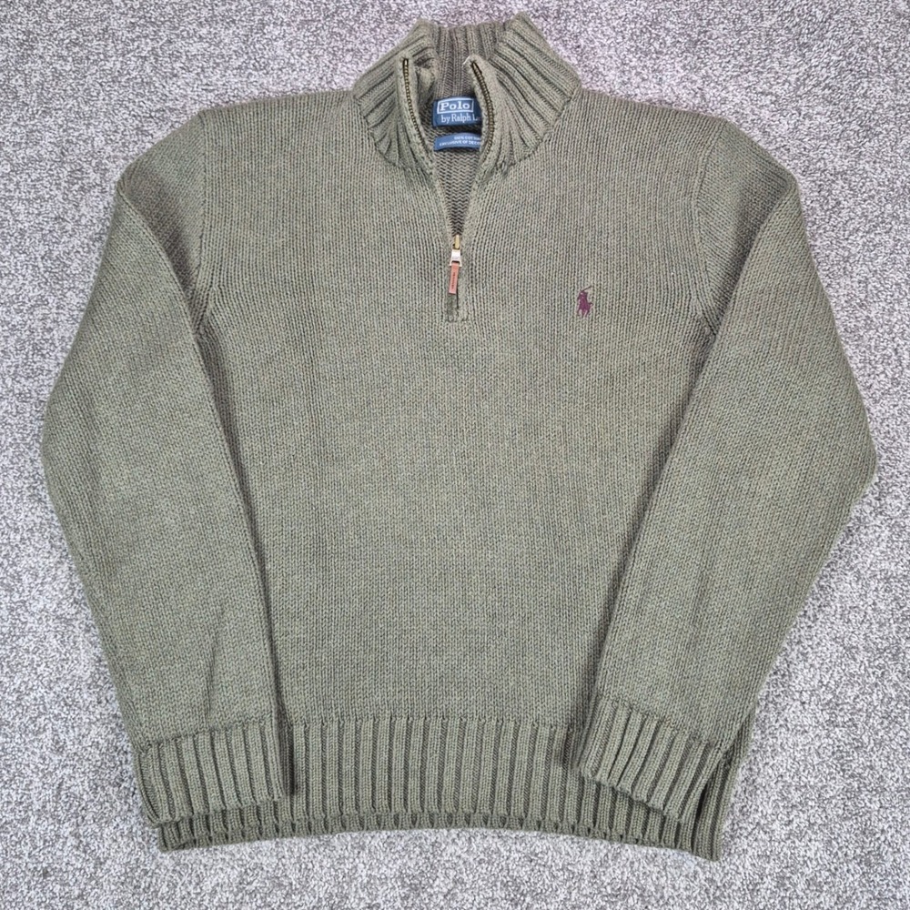 Polo Ralph Lauren 1/4 Zip Sweater Mens Medium Green Knit Pullover Pony